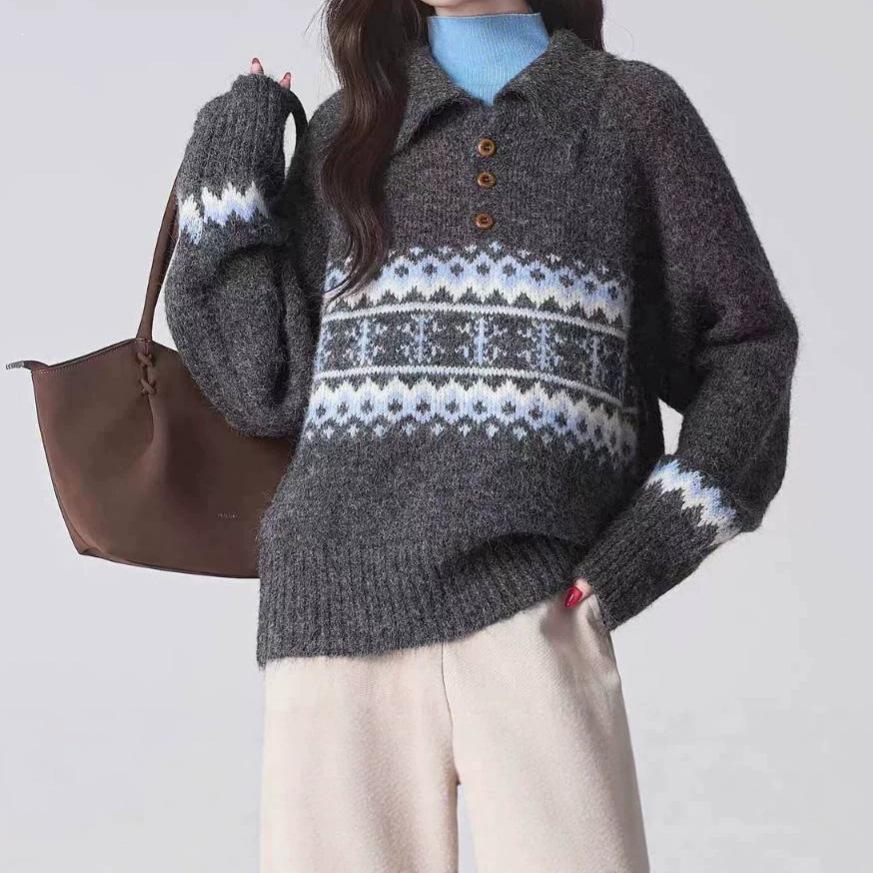 New Color-Block Fair Isle Polo Collar Sweater - Spring/Autumn Loose Knitted Pullover for Women