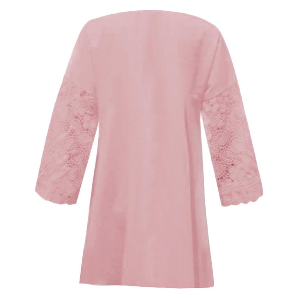 Women Half Sleeve Cotton Linen Hollow Out  Lace Patchwork T-Shirt Blouse Tops