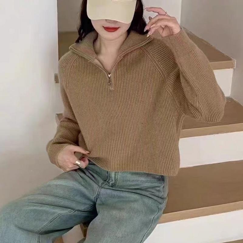 Women's Korean Style Stand Collar Half-Zip Thick Knit Sweater for Autumn/Winter