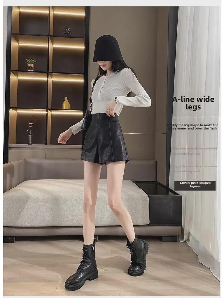 2024 Women's High-Waist PU Leather A-Line Wide-Leg Shorts for Autumn & Winter - Versatile Outdoor Wear