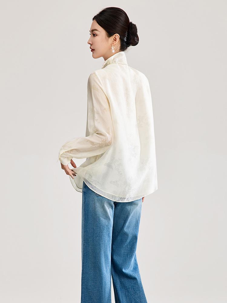 Elegant Silk Jacquard Stand Collar Shirt - Spring Style