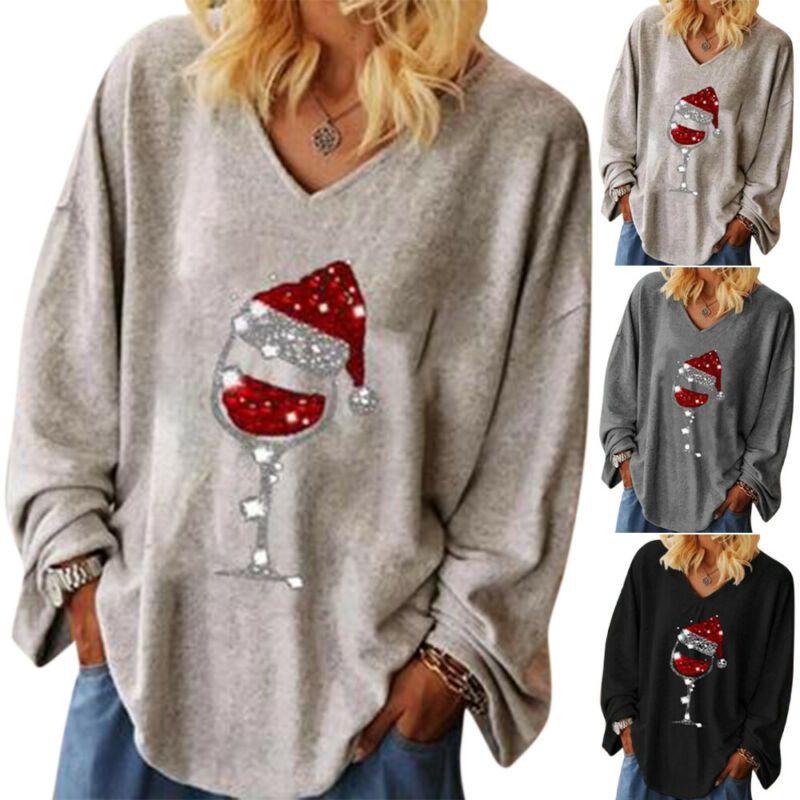Christmas Wine Womens Glass Tee Tshirt Vneck Long Sleeve Pullover Tops Blouse