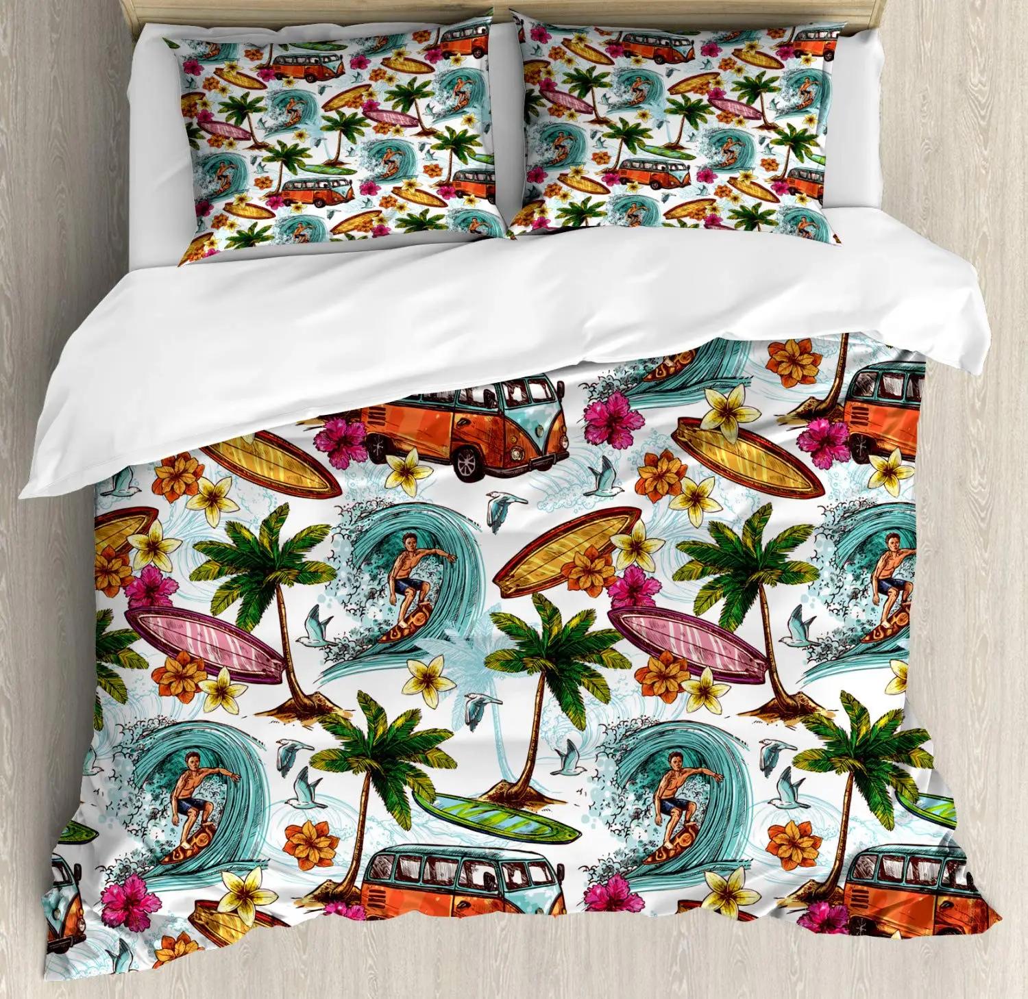 

Surf Soft with Soft Fabric Duvet Cover Hipie Clasic Old Bus Surfboard Fredom Holiday Exotic Life Sketchy Art Yelow Orange Rom Decor for Women Men 100*200cm Single