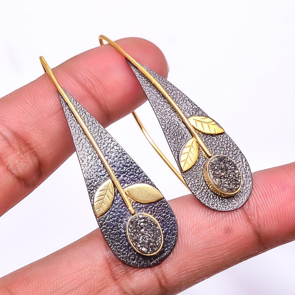 

Black Titanium Agate Drusy 925 Silver Black & Gold Plated Earring 2.15 E42