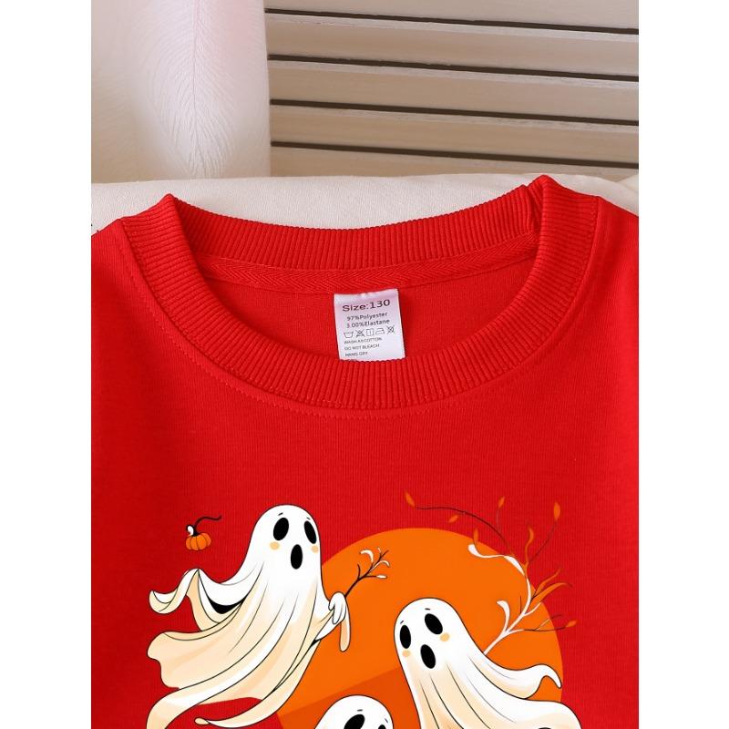 European Sizes Girls' Halloween Long-Sleeve Round-Neck Fun Print Casual Top, Kids' Autumn Clothing, for Trick-Or-Treat Parties.