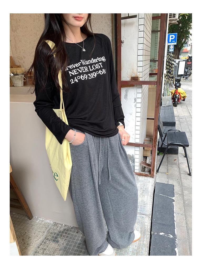 Women's European Style Long Sleeve Loose-Fit Letter Print T-Shirt, American Retro Slim Base Layer