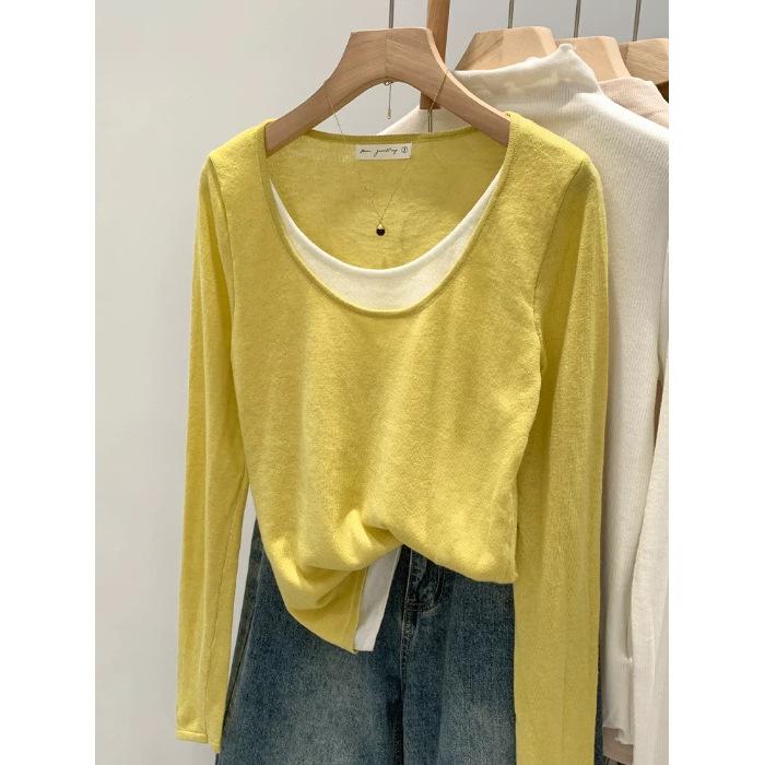 Two Large-sized Early Autumn Color-blocking Fake Long-sleeved Base Shirts for Women's Versatile Layering T-shirt Tops