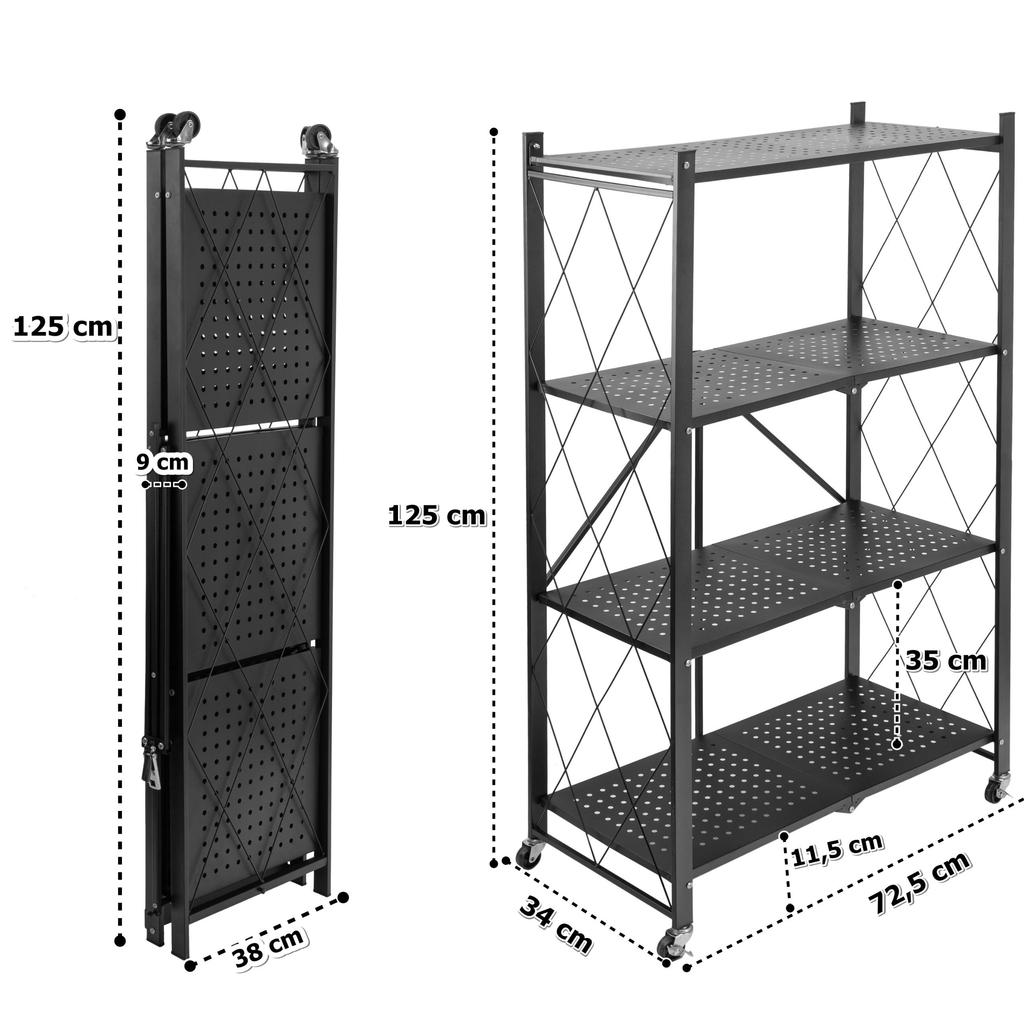 Gestel Foldable Shelf 4 Levels Black On Wheels