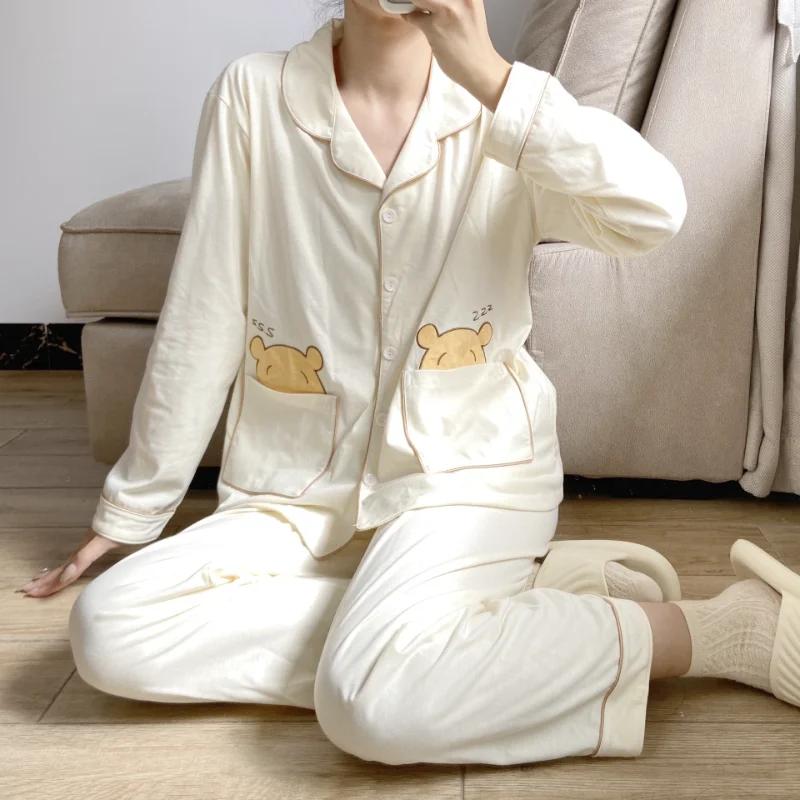Ny pyjamas høst ren bomull Uformell løse hjemmeklær Dame pyjamas Todelt sett silke pyjamas for kvinner