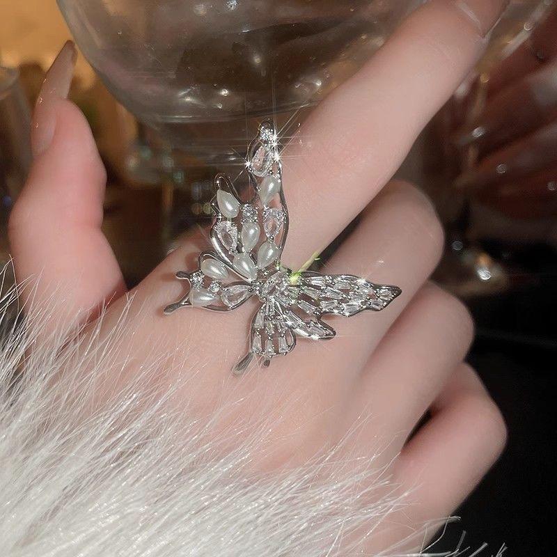 Light Luxury Metal Large Butterfly Rings for Women Girls Light Luxury Exquisite Zircon Pearl Opening Rings Party Jewelry Gifts