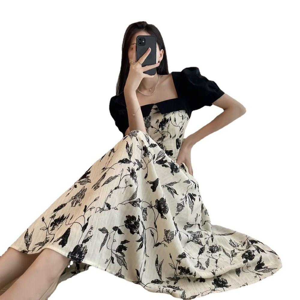 Square Neck Flower Long Dress Patchwork Short Sleeves Dress Elegant A-line Skirt  Evening Party