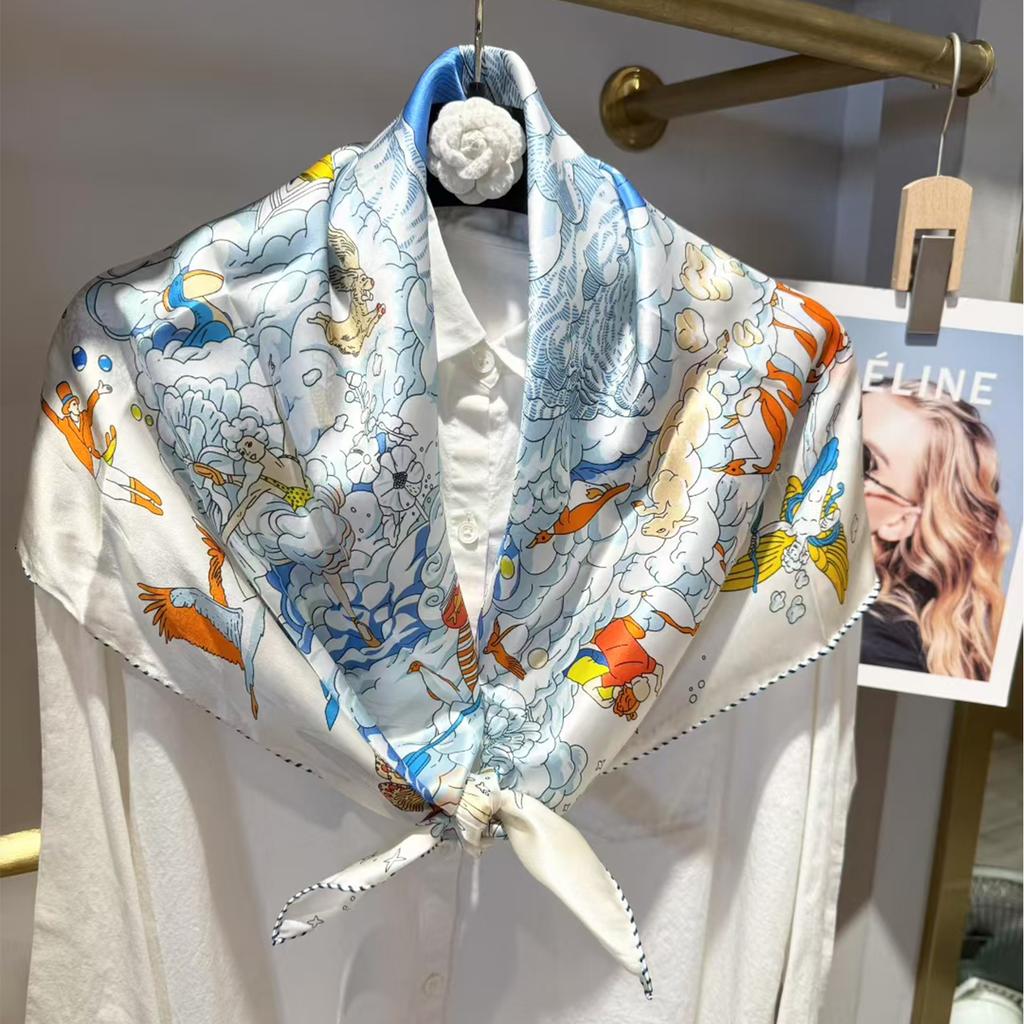 Orange White Women Pure Silk Scarves Hijabs Elegant Chain Design 100% Mulberry Silk Square Neck Scarf Shawl 86*86cm