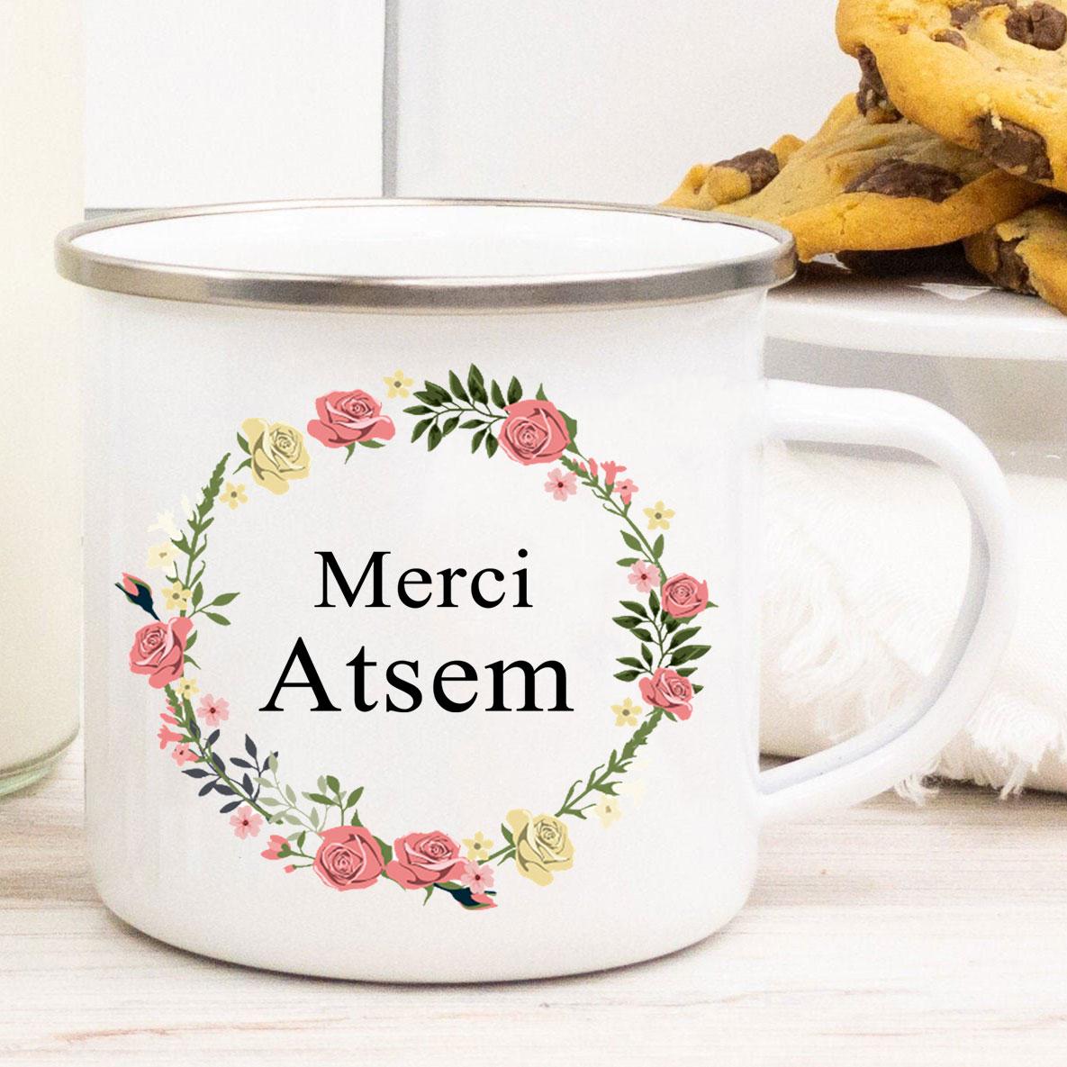 

French Thanks Atsem Print Enamel Mugs Creative Coffee Mug Drink Juice Milk Cups School Home Handle Drinkware Teacher Gifts