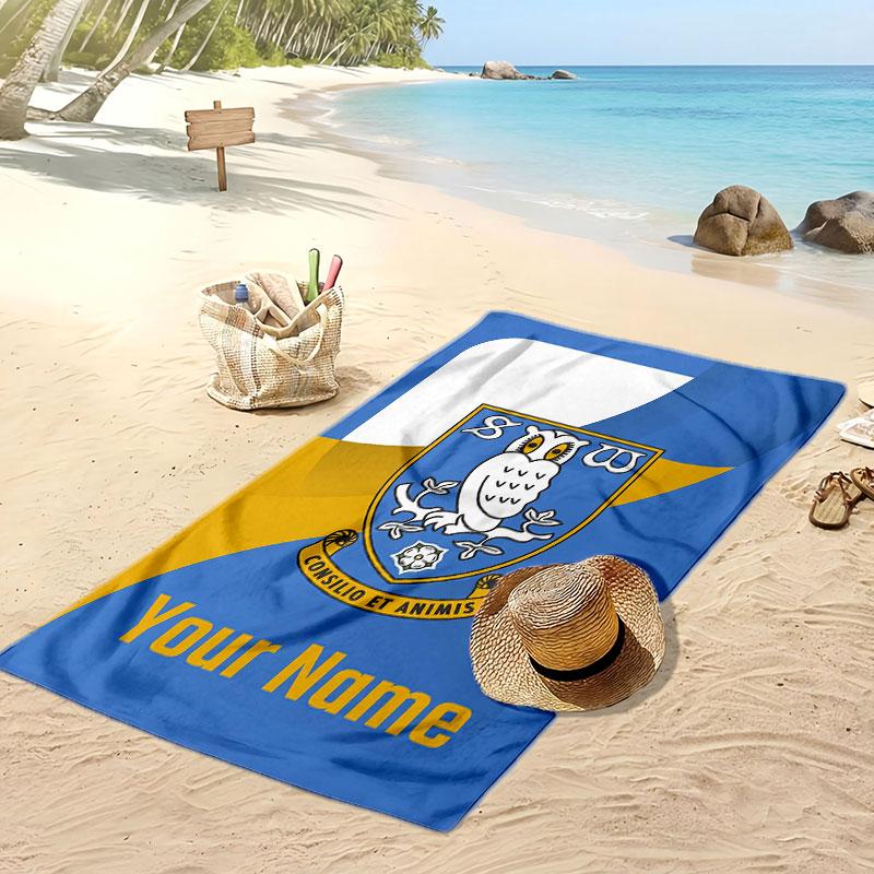 Telo Mare Personalizzato Stampato Sheffield Wednesday FC Logo Calcio Supporto Nome Personalizzato Testo Asciugamano Assorbente Per Sport Viaggio Regalo Speciale