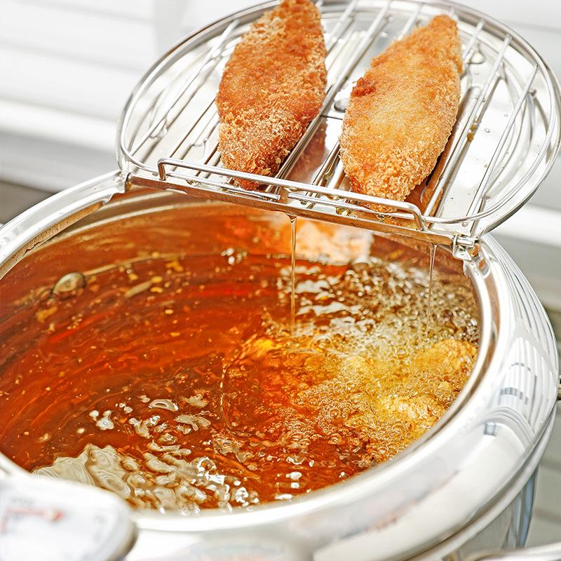 Fritadeira de Tempura de Aço Inoxidável com Termômetro - Panela Economizadora de Óleo para Fogões de Indução e a Gás
