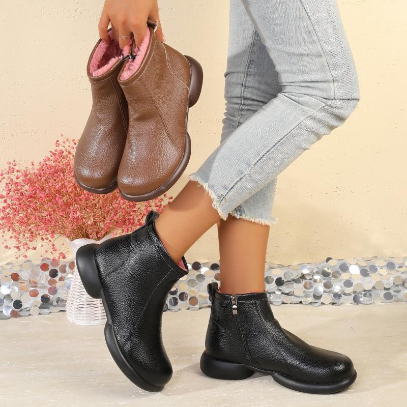 Fleece-Lined Cotton Mom Shoes Warm Short Leather Boots Comfortable Women'S Shoes For Middle-Aged And Elderly Not Slippery