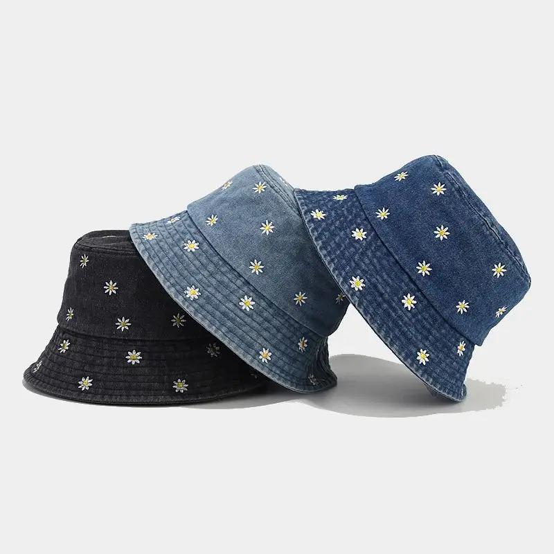 Daisy Embroidered Denim Fisherman Hats Spring and Summer Versatile Basin Hat Outdoor Travel Sun Caps Women Hat