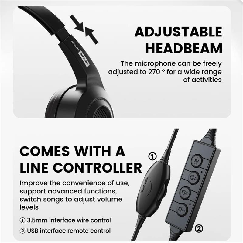 Lenovo E01 Wired Gaming Headphone W/ Rotatable HD Microphone Control Switch Learning Office Earphone Stereo Operator Headset for Online Class