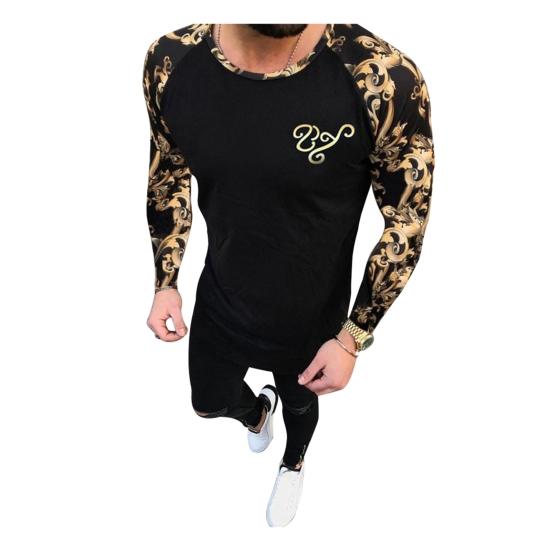 

Мужская футболка с длинным рукавом и круглым вырезом в стиле пэчворк с цветочным принтом, облегающая, повседневный летний топ M чёрный