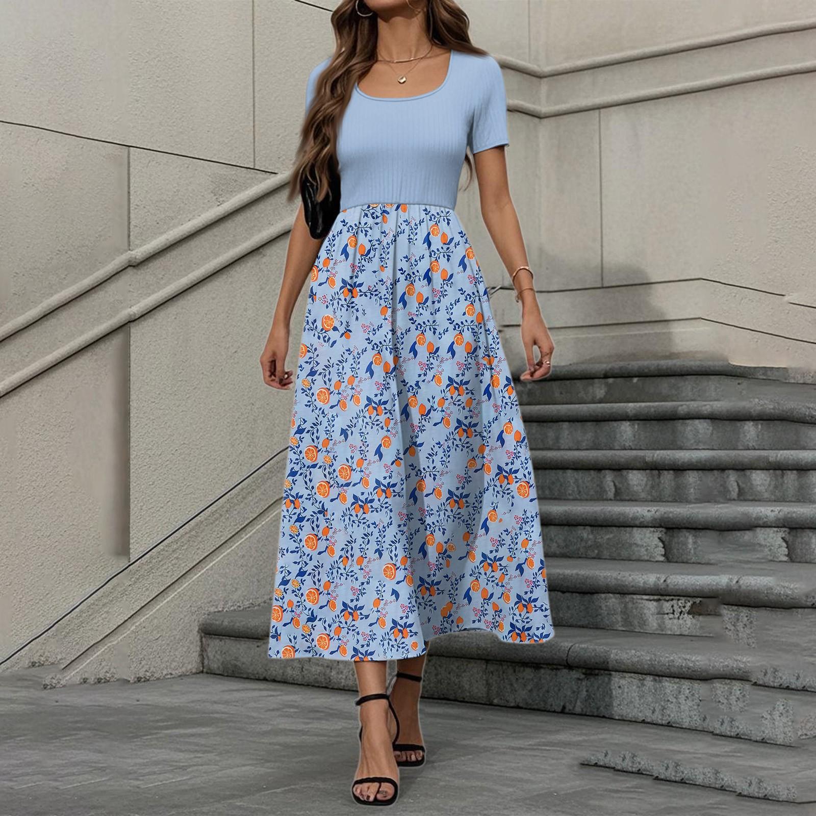 Women s Fashion Casual Short Sleeve Round Neck Splicing Floral Print Elegant Temperament Dress M небесно-голубой