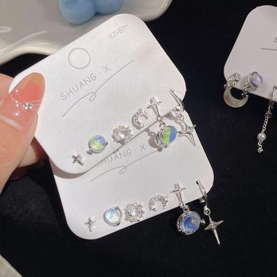 "Summer Star & Moon Earrings Set: Irregular Design with Silver Needle – Sweet and Cool for All-Occasion Wear"