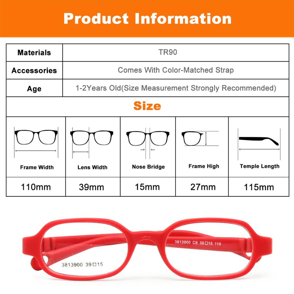 Baby Girls Boys Optical Glasses with Strap Size 39 Flexible Frame No Screw One-piece Band Cord Retainer