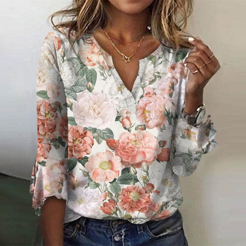 Women's Loose Casual Three-quarter Sleeves V-neck Lace Floral Print T-shirt Top