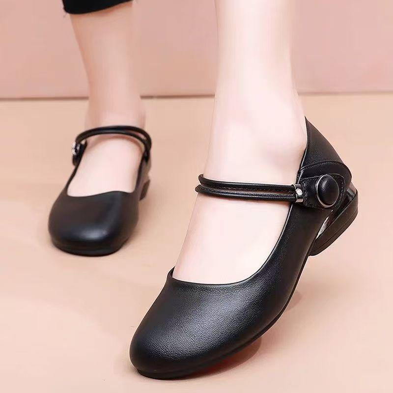Single Shoes Women's Spring and Autumn Small Leather Shoes Flat Bottom Non-slip Comfortable Light Mouth Round Head Soft Sole Soft Surface Mother Shoes