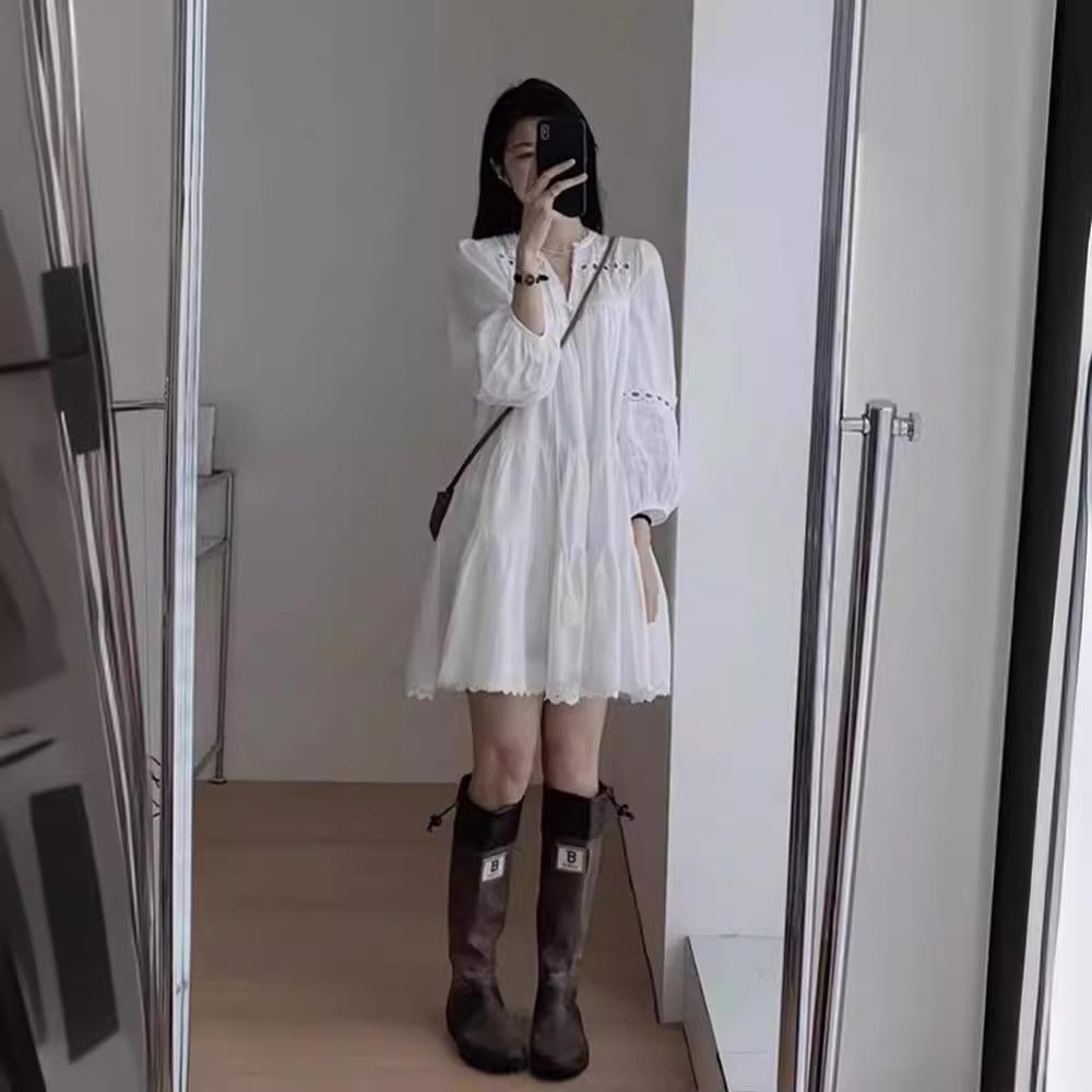 Women's White Puff Sleeve Shirt Dress - Spring/Summer 2024 Yunnan Travel Outfit