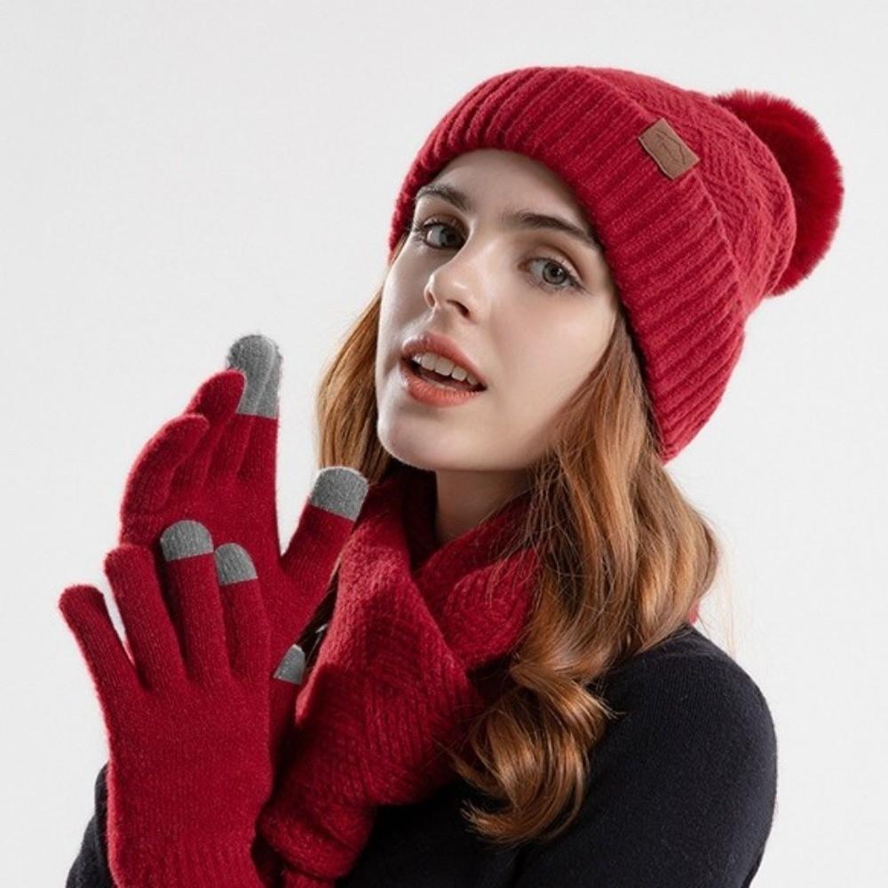 3Pcs/Set Thicken Knit Beanie Snood Set Warm Touchscreen Gloves for Men Women