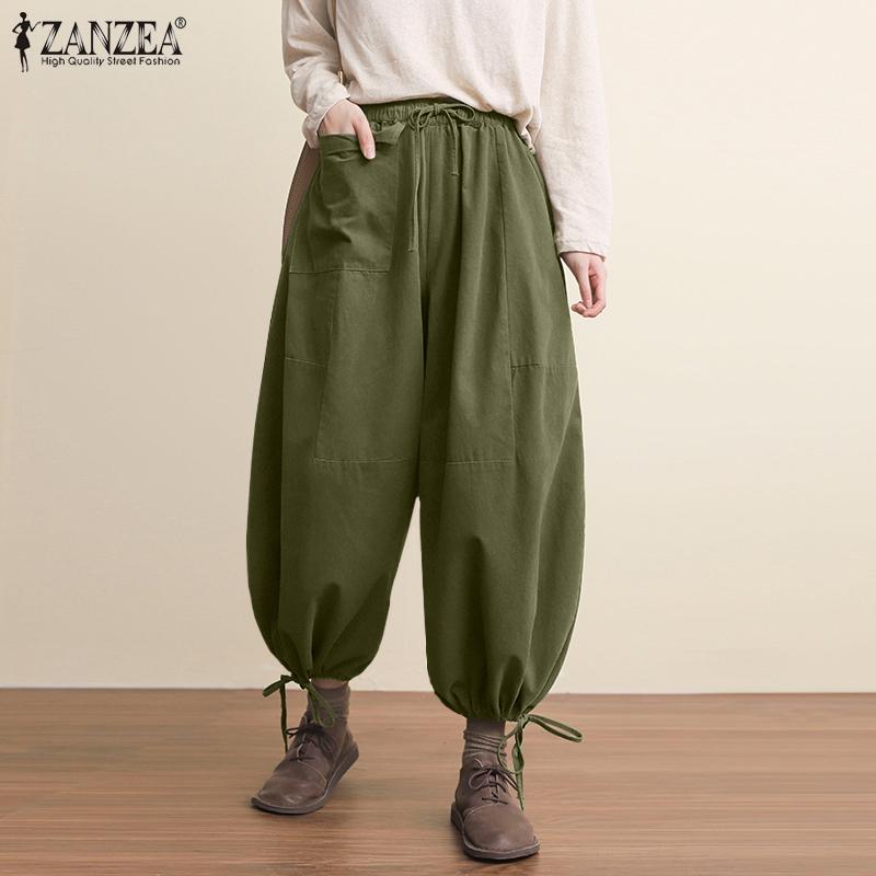 

ZANZEA Женщины Эластичная талия Шнурок Фонарь Брюки Свободные одноцветные брюки