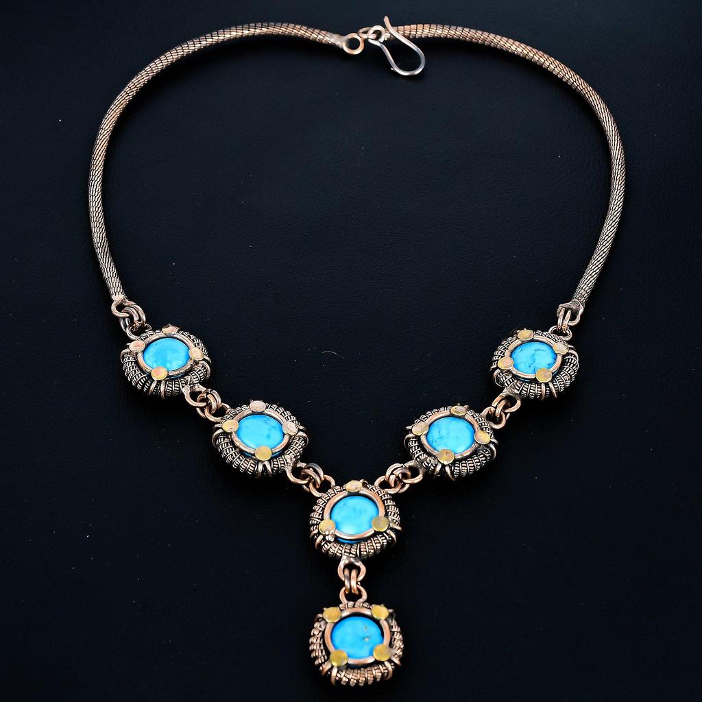 Tibetan Turquoise Necklace Gemstone Jewelry, 999 Copper Wire Wrapped Necklace, Handmade Jewelry Birthstone Necklace