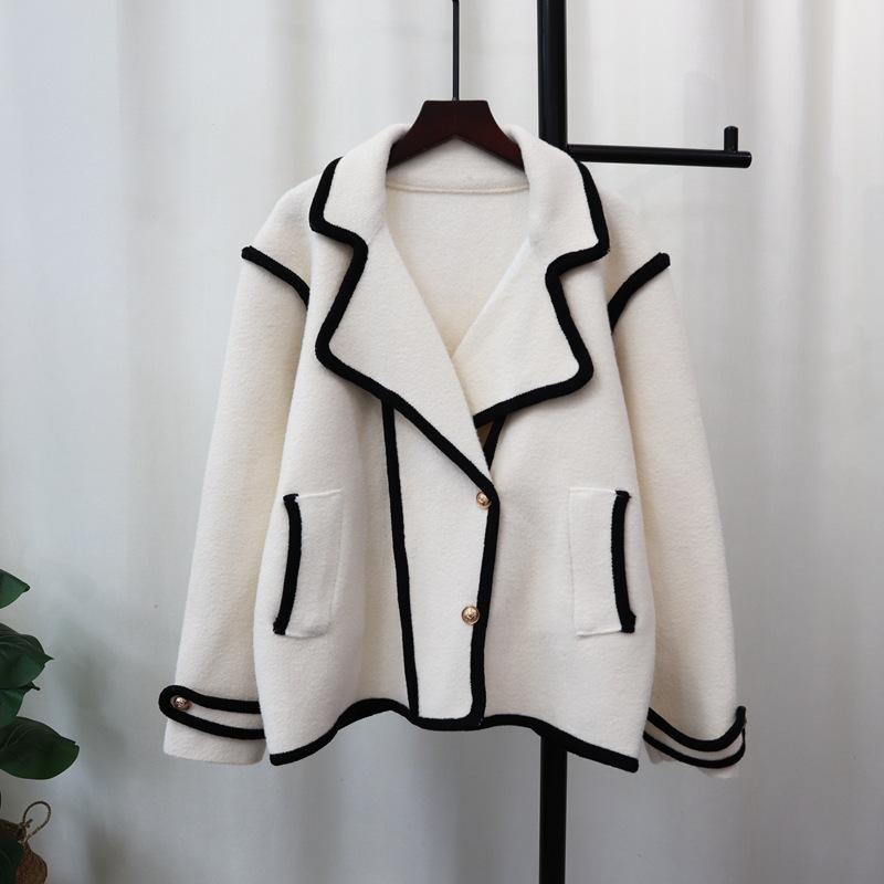 Autumn new contrasting color design sense knitted double-sided woolen cardigan loose sweater jacket women