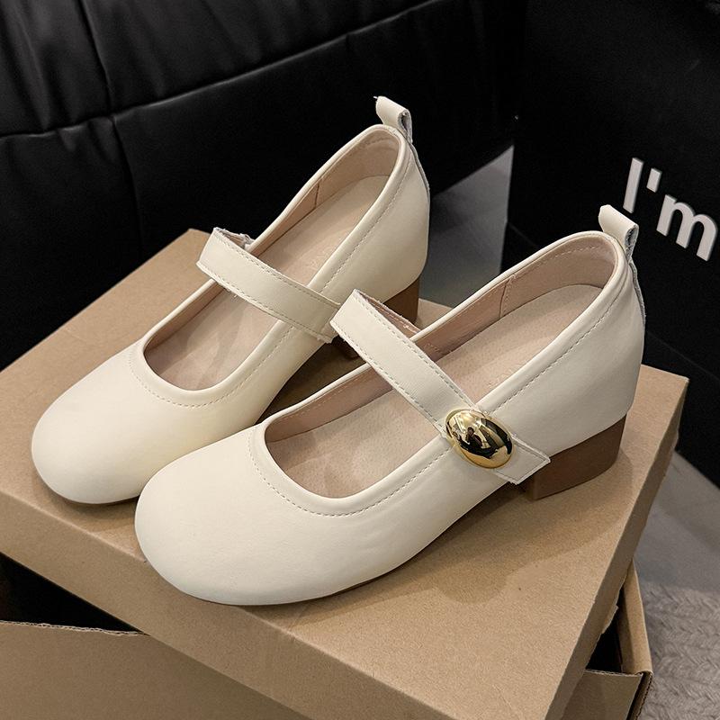 French inner height increase thick heel shallow mouth single shoes women's 2025 new summer and autumn Mary Jane small leather shoes ballet evenin