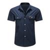 Mens Solid Color Turn Down Collar Double Pocket Short Sleeve Casual Work Shirt