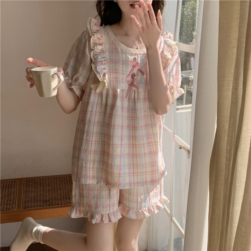 Summer New Short Sleeved Pajama Set for Women with a Thin Design and Bubble Wrinkle Fabric Suitable for Wearing Outside Sweet Home Clothes