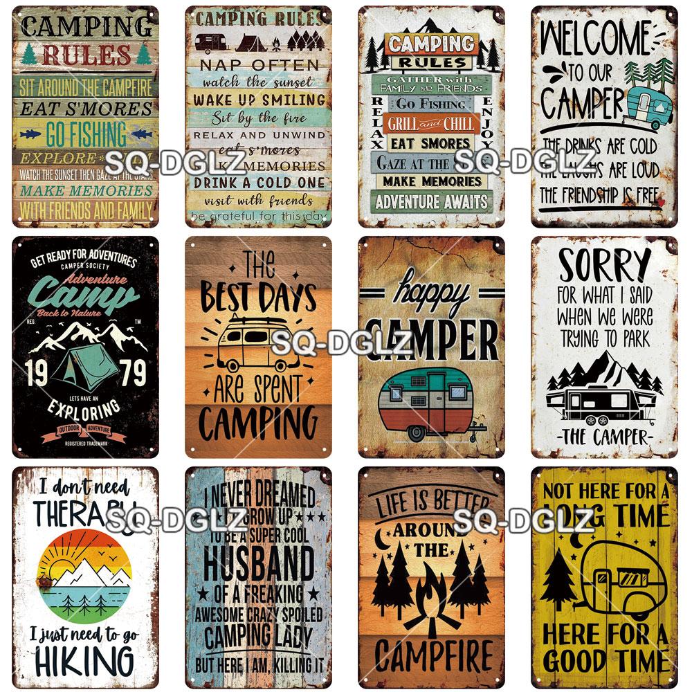 SQ-DGLZ Vintage Camping Rules Relax Metal Sign Plate Tin Sign Plate Home Bar Door Wall Decor Sticker Decoration Plaque Poster
