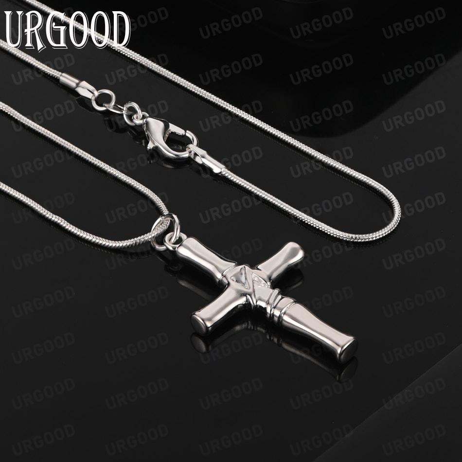 925 Sterling Silver Simple Bamboo Cross Pendant Necklace - Stylish Evening Jewelry