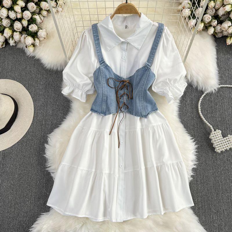 

Retro Denim Single-Breasted Dress Sling Vest Blue All yards