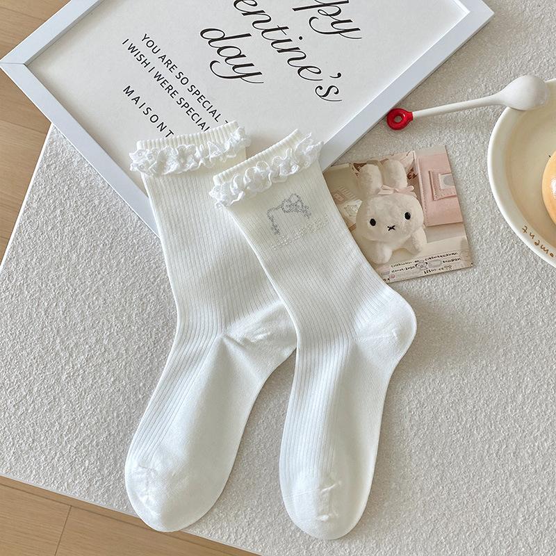 Female Spring and Autumn Cartoon Cute Hot Drill Kitten Sweet Lace Lace Boneless Tube Stack Socks