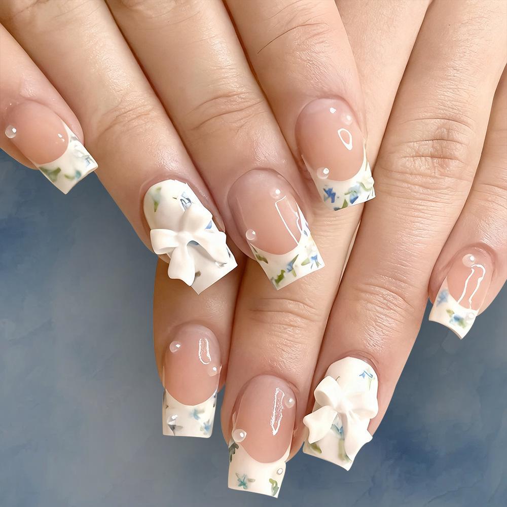 Glossy Black Square Nails with 3D Bows and Leopard Print – Versatile Daily Wear False Nails