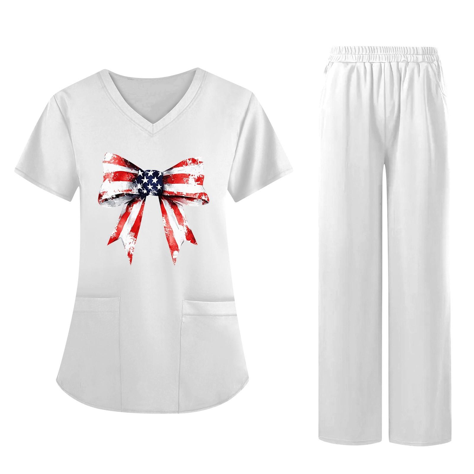 

Women s Fabric Printed V Neck Pocket Short Sleeved Pants Set Workwear XL білий