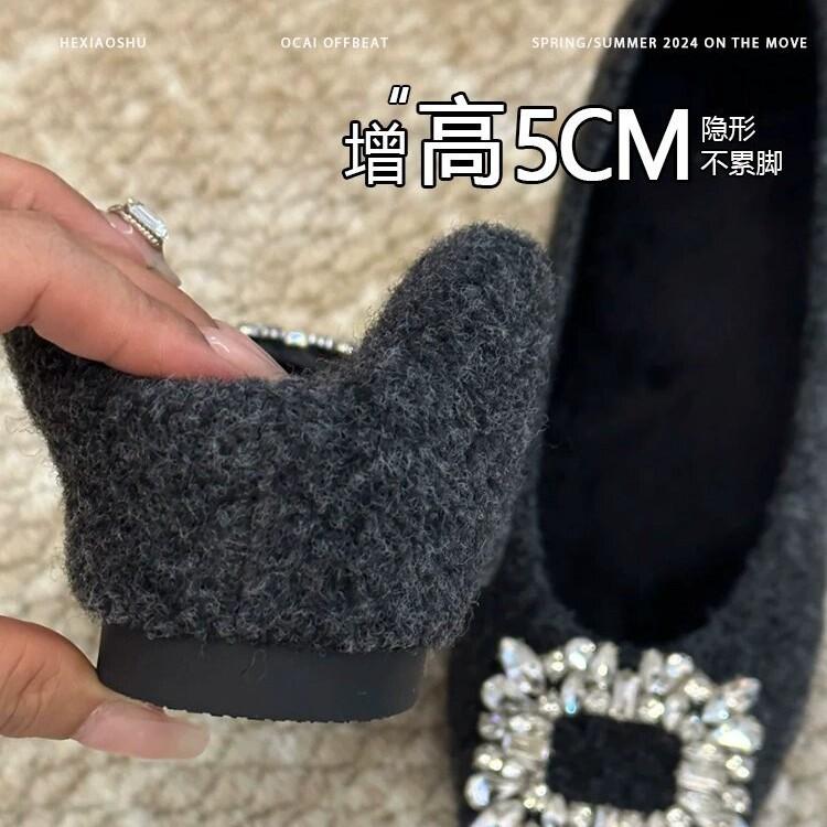 Invisible height increase of 5 cm Korean niche fairy shallow mouth rhinestone woolen single shoes femininity winter wear woolen shoes