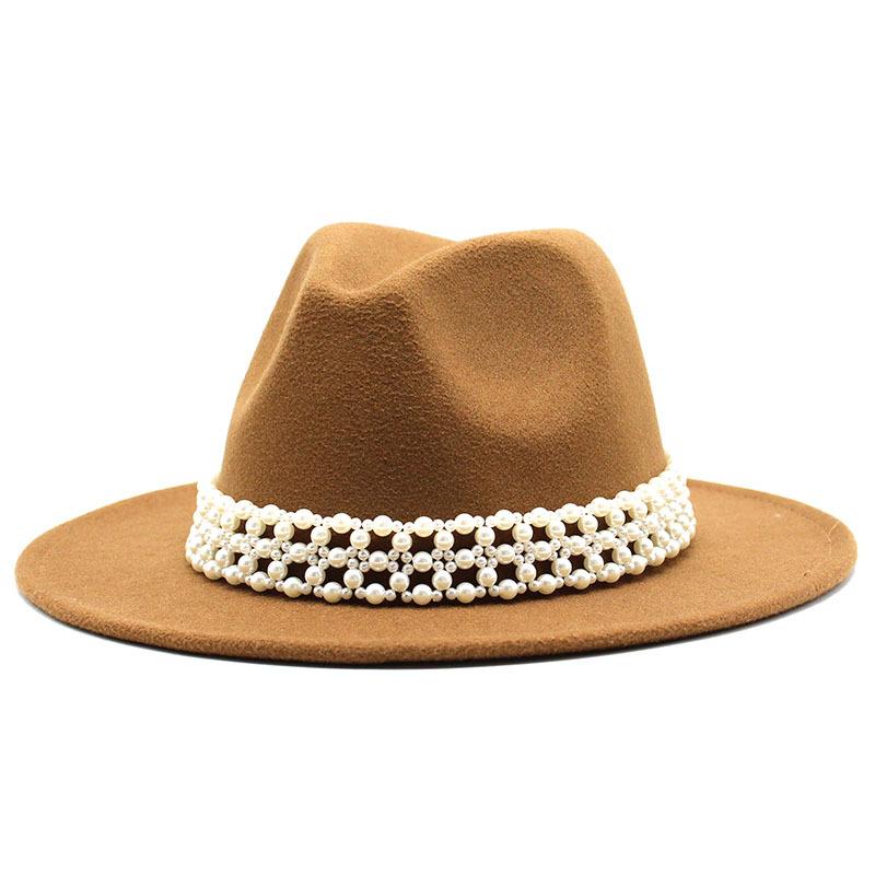 High-Grade Pearl Woolen Top Hat, Flat-Brimmed Big Eave Hat, Versatile Straight-Brimmed Jazz Hat
