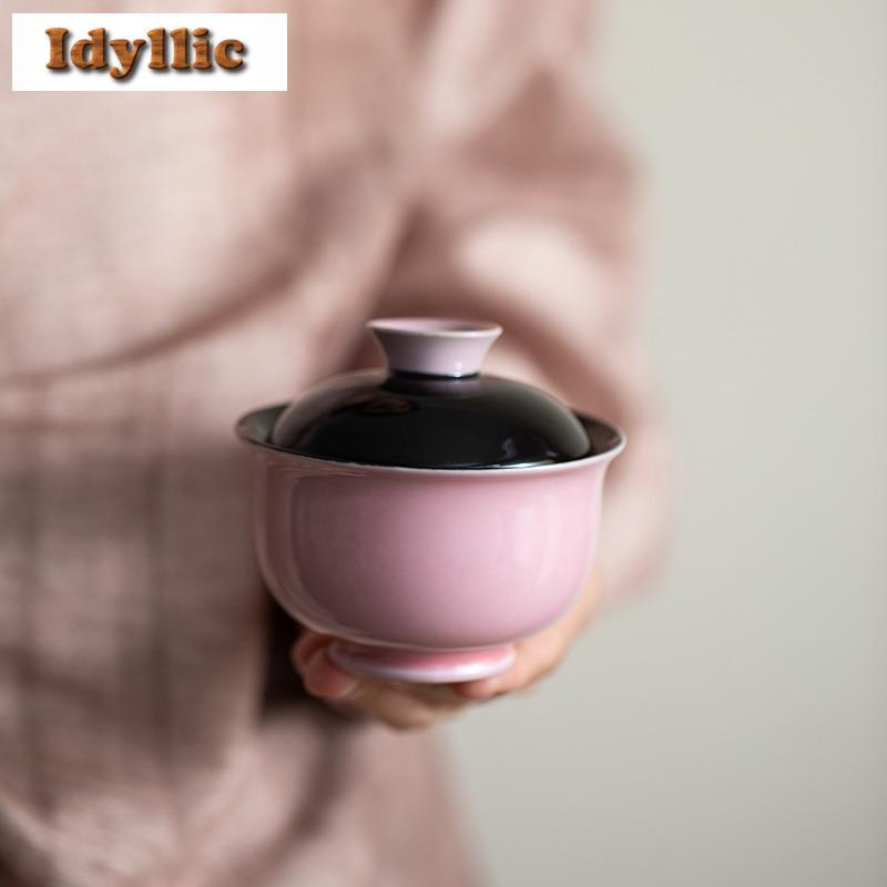 120ml Raw Ore Glaze Black Pink Ingot Gaiwan Aesthetic Tea Tureen Tea Bowl with Lid Kit Tea Making Cover Bowl Teaset Collection