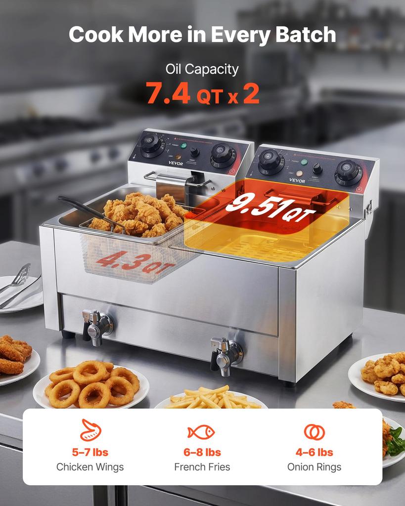 VEVOR Commercial Electric Deep Fryer, Upgrade Dual Tank 14 L Oil Capacity, 5000W Stainless Steel Countertop Fryer with Baskets & Lids
