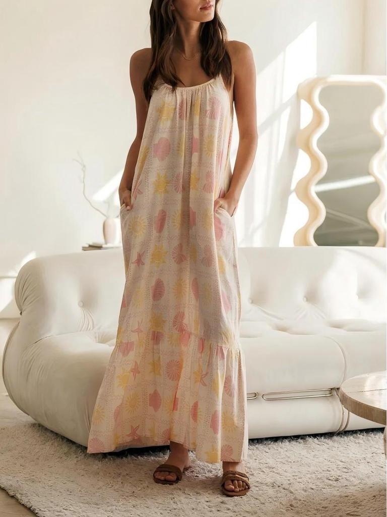 Spring/Summer Elegant Casual Women's Spaghetti Strap Pocket Print Dress
