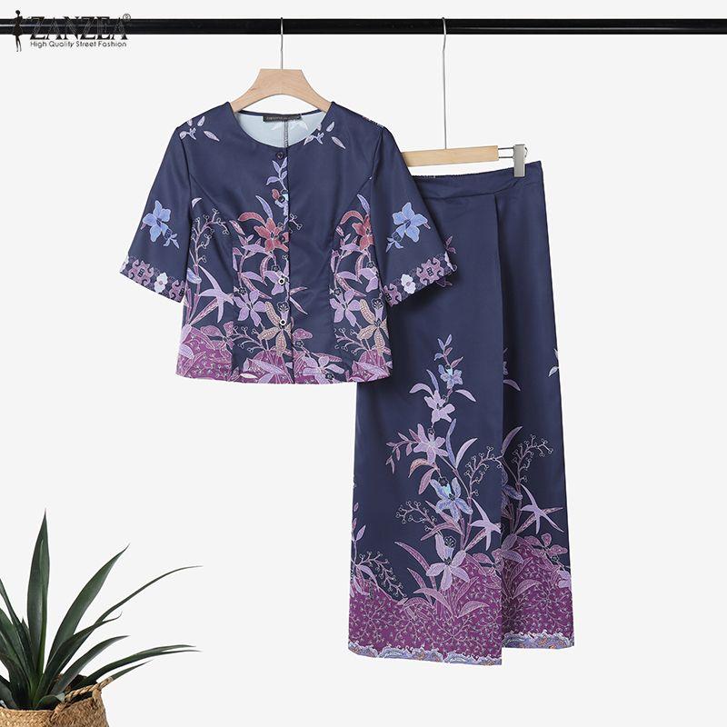 ZANZEA Women Half Sleeve Blouse and Midi Skirts Retro Print Casual Two Piece Suit Sets