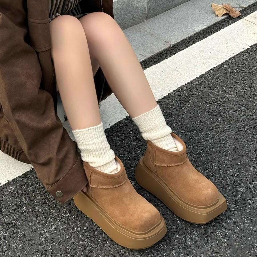 Unique! Square Round Toe~ 7cm Thick Sole Heightening Leather Snow Boots ...