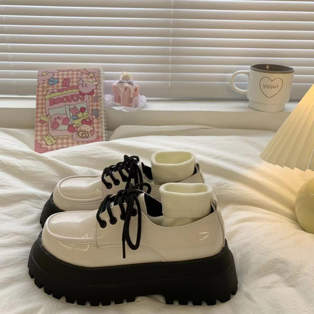 Women's Thick Bottom round Toe Shoes Retro Laced Flats Increased Height Japanese Style Student Shoes White Color Plain Pattern
